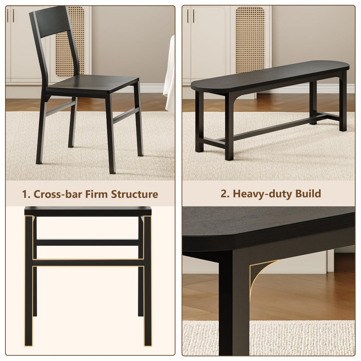 Feonase Dining Chairs Set of 4, Dining Room Chairs with 2 Ergonomic Chairs & 2 Benches, MDF Board and Metal Frame, Kitchen Chairs for Home, Apartment