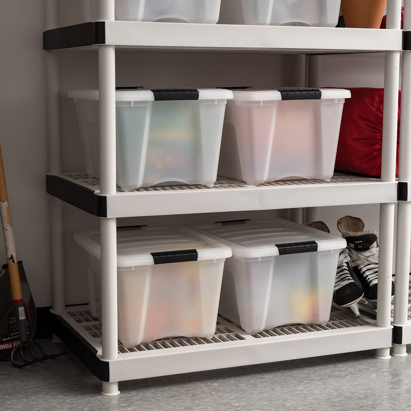 IRIS USA, Inc. Plastic Storage Bin Tote Organizing Container with Durable Lid and Secure Latching Buckles, Stackable and Nestable, Pearl/Black, 32 Qt