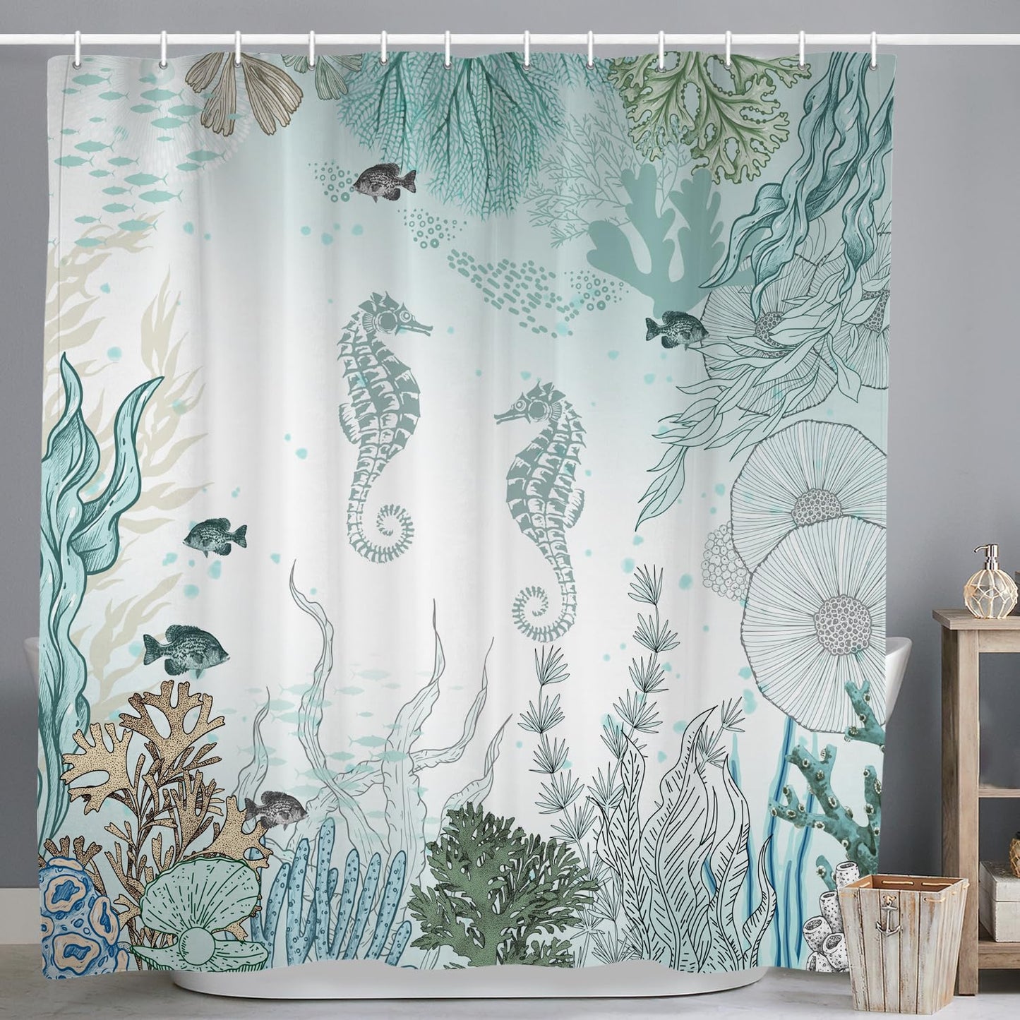 ASDCXZ Maritim Shower Curtain 180x180 cm, Blue Marine Animals Hippocampus Fish Coral Maritime Nautical Washable Shower Curtains Polyester Textile