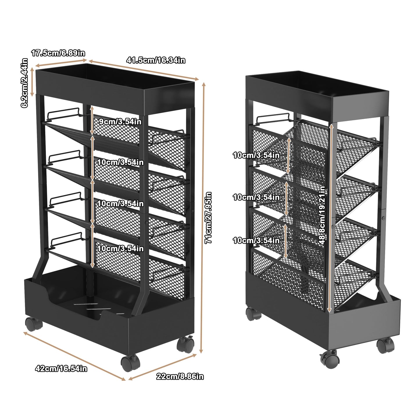 Ornestia Metal Book Trolley, Mobile Storage Bookcase with Wheels(Black)