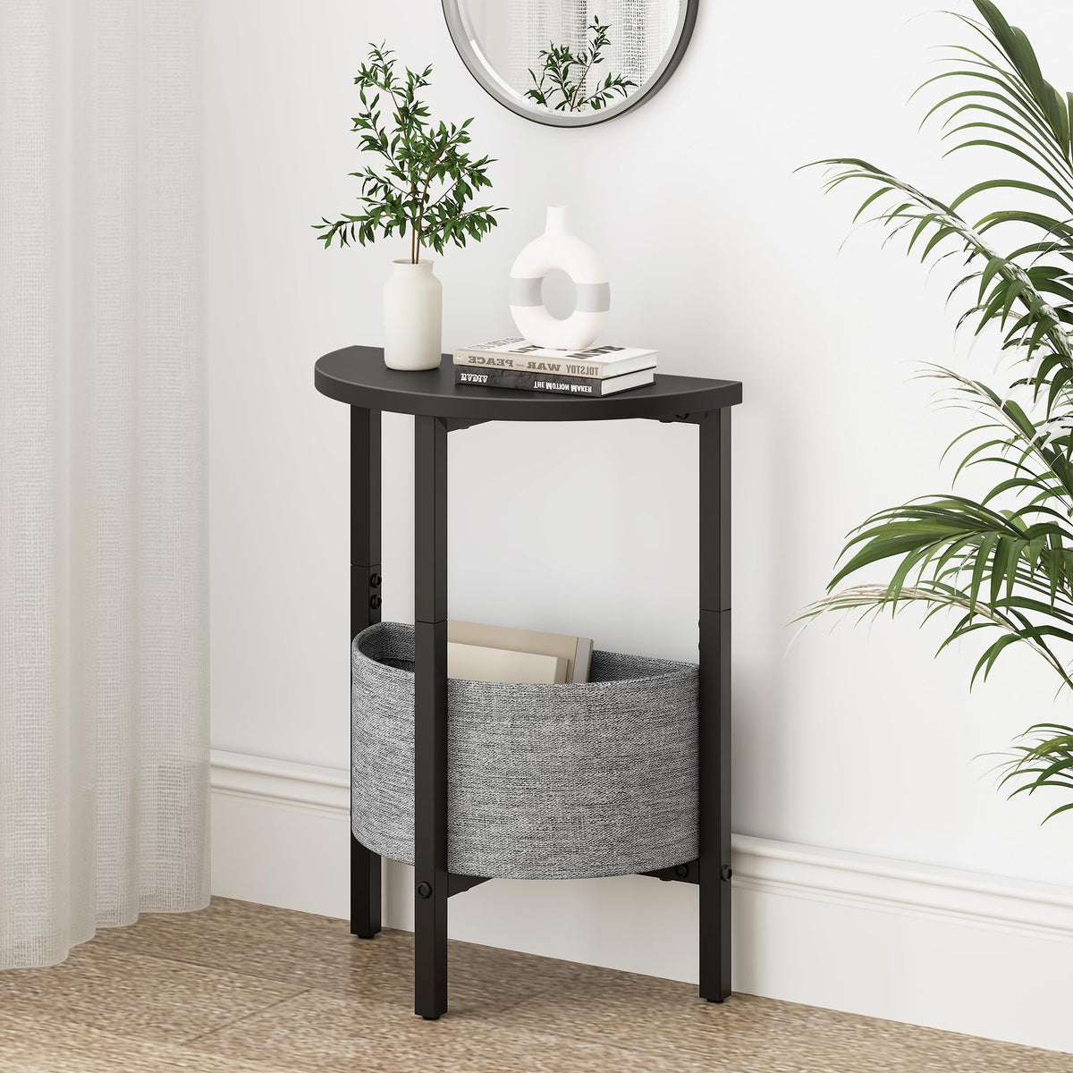Vagusicc Side Table, Round End Table with Fabric Basket, Small Coffee Table, Set of 2 Half Moon Entry Table, Accent Table Bedside Table