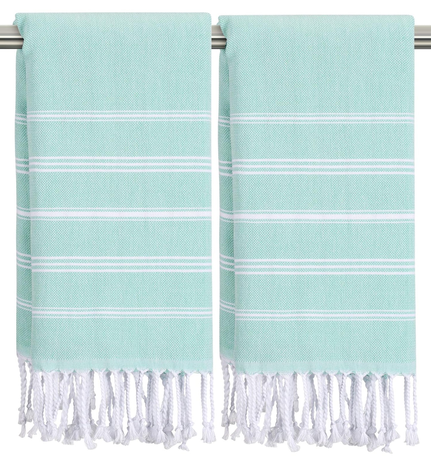 Ouxiaobai Hand Towels for Bathroom - Pack of 2 Turkish Hand Towels Set, Thin Decorative Tea Towel, 20 * 30 Inch Kitchen Cloth with Tassel (Aqua)