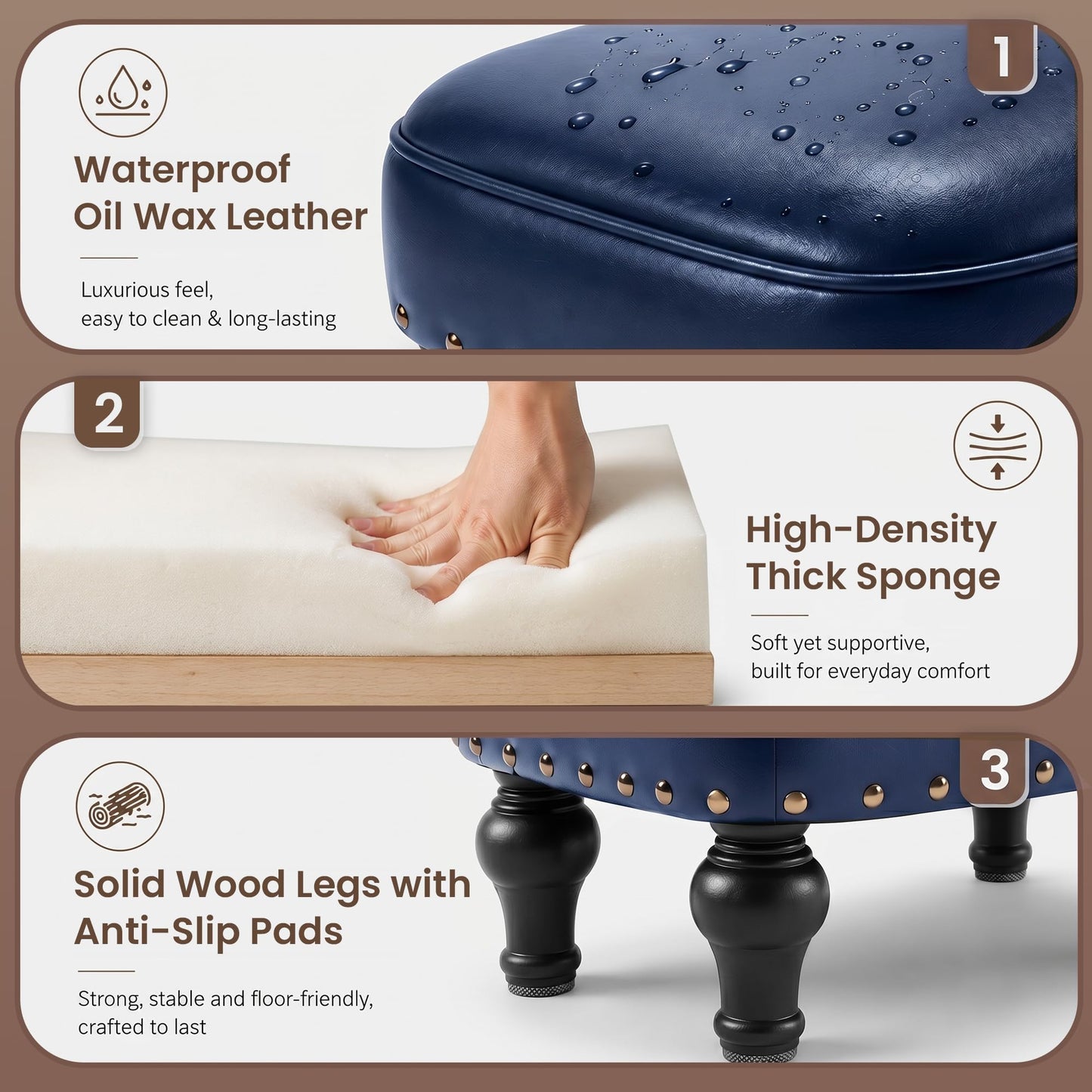 Cmishe Ottoman Leather Foot Rest with Thicker Foam Padded Seat, Footstool with Wooden Legs