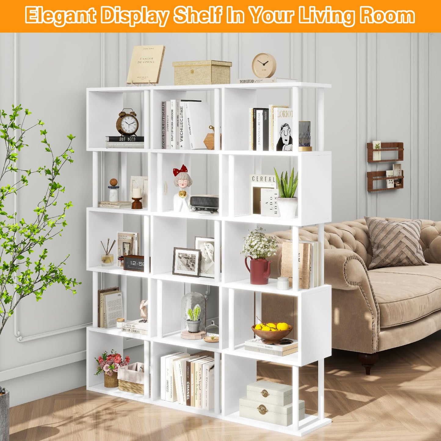 IBUYKE 6-Tier Tall Bookshelf,S-Shaped Geometric Bookcase,White WBC016W