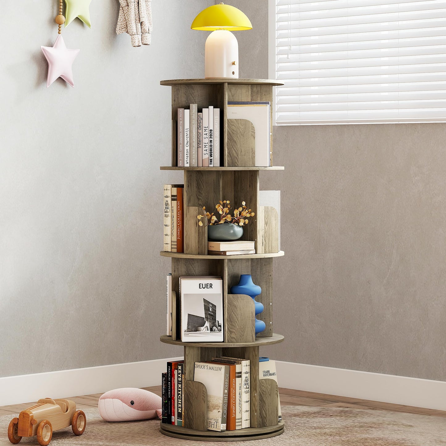 Quikraen 4-Tier Rotating Bookshelf，360° Rotating Storage Rack，Oak Color