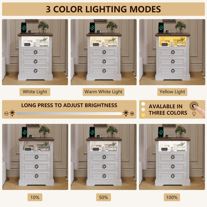 FREDEES LED Bedside Table with Charging Station, White