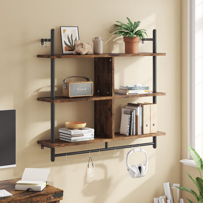 Bestier 3 Tier Floating Pipe Shelving 115CM Industrial Wall Mounted Ladder Shelf Hanging with Circular Tube with Hooks Wood Display Storage Home Decor