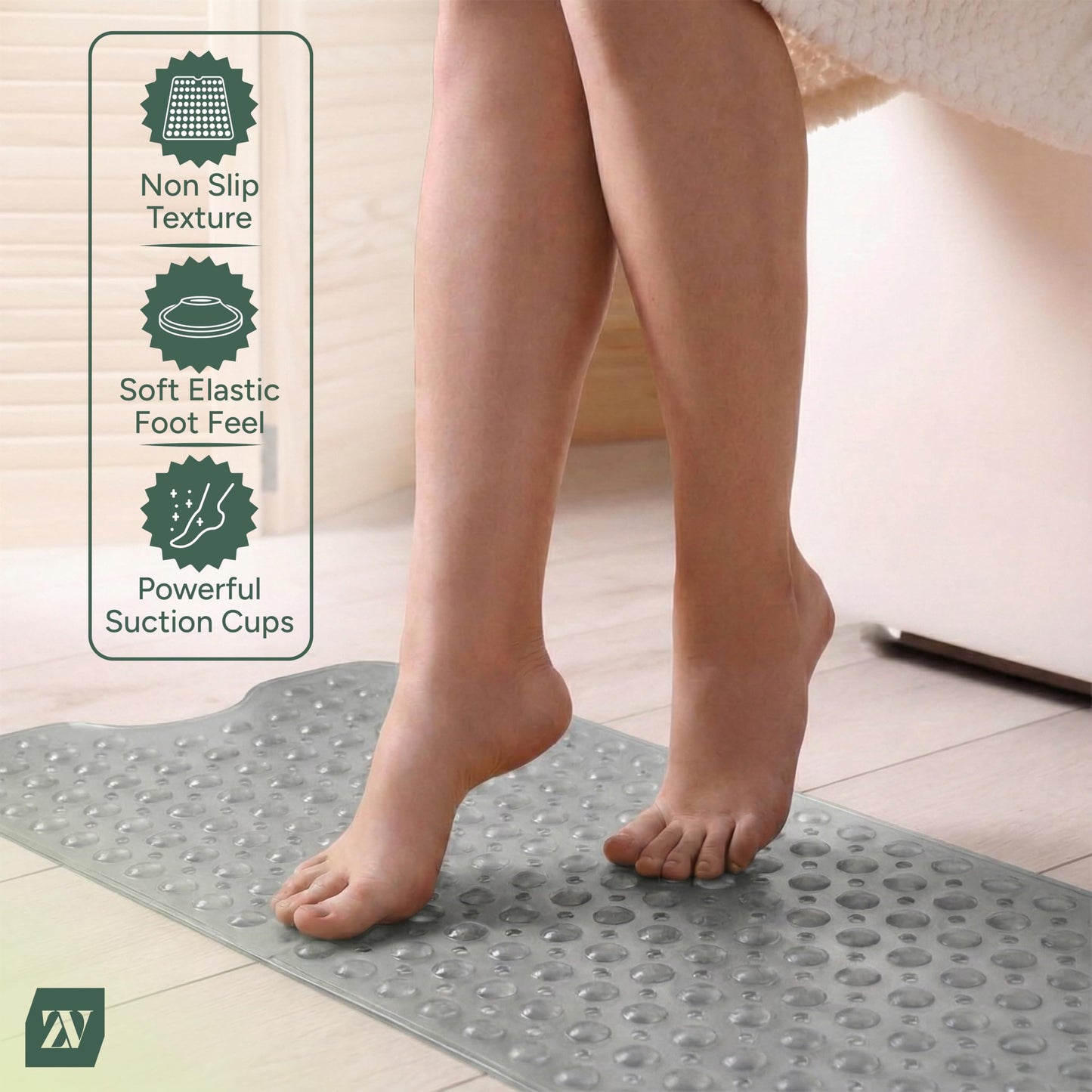 Zuvo Extra Long Bath Mat Non Slip Anti Mould, 100 x 40 cm, Grey