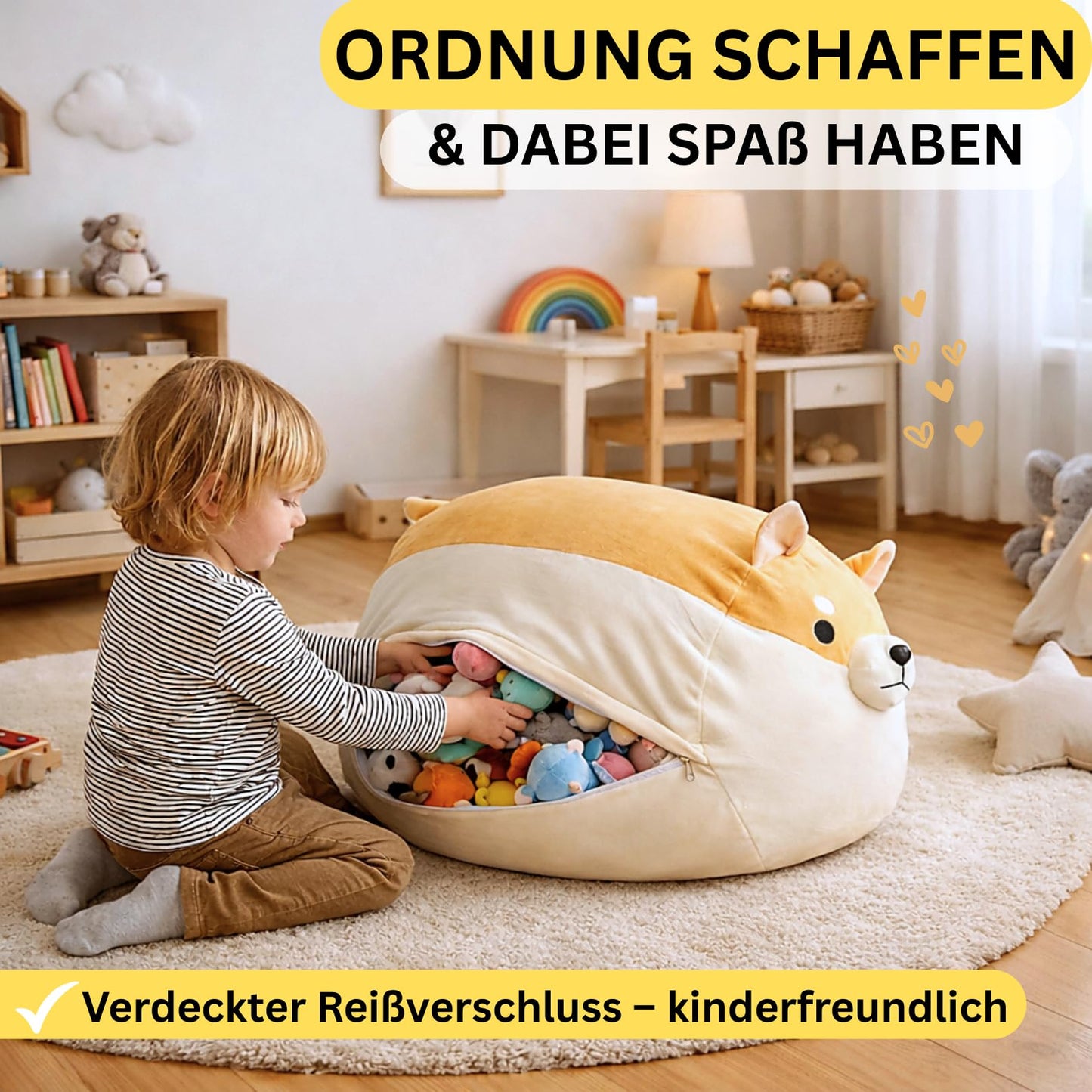 ELOVIA Soft Toy Storage Ottoman, No Stuffing Cover, Shiba Design, Toy Organizer for Kids Room, with Zipper (Shiba Beige)