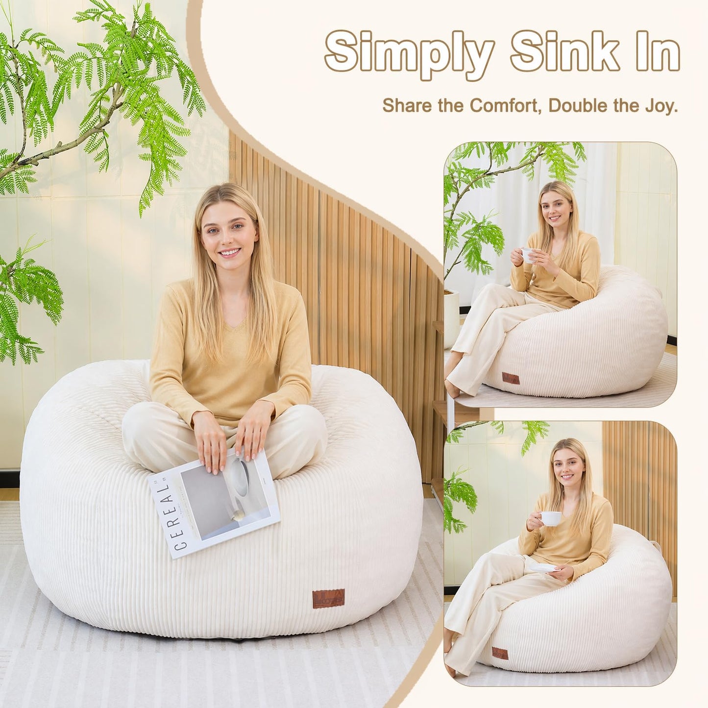 UODERS Oval Bean Bag for Adults Kids & Teens, Large Bean Bag Chair with Corduroy Cover with Handle