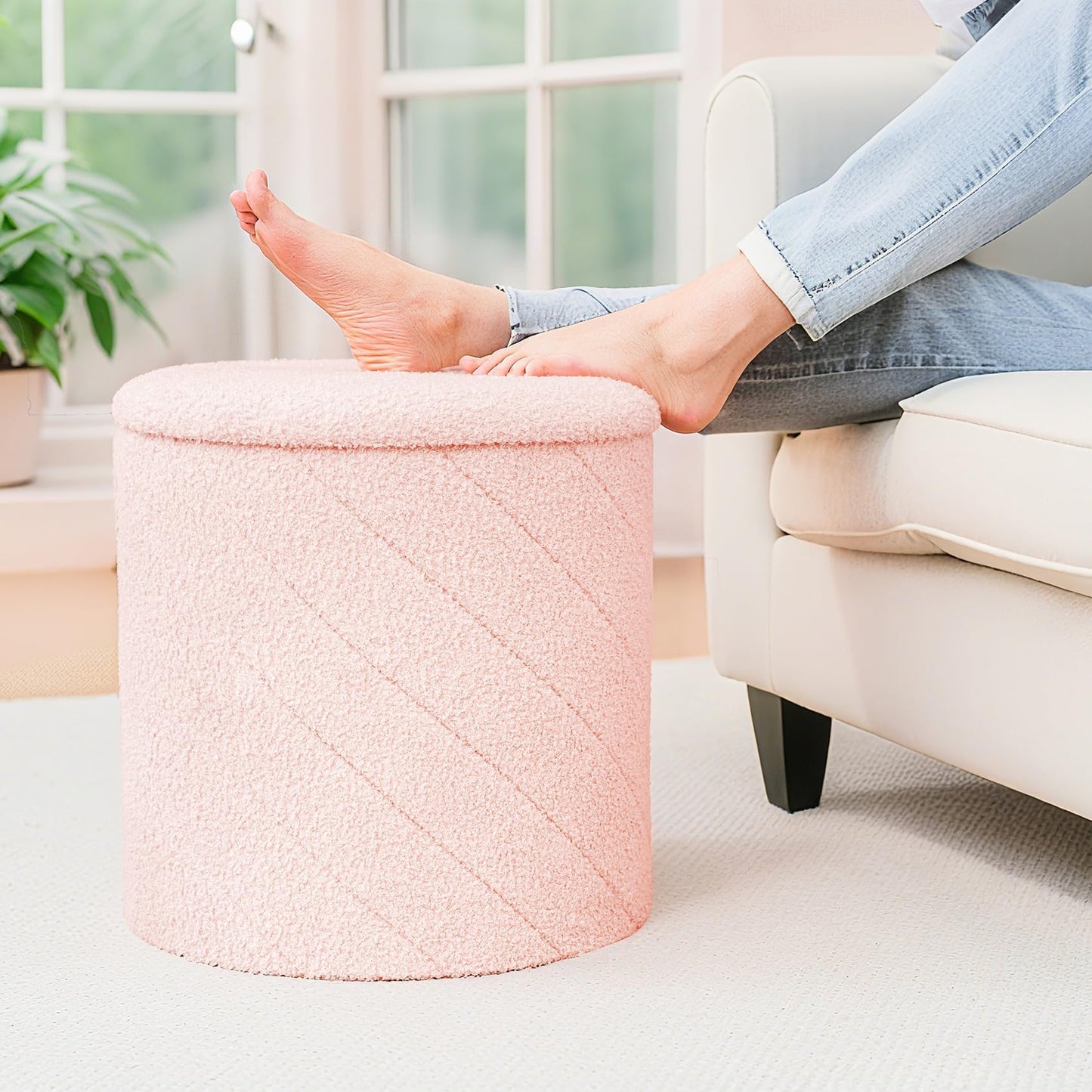 Bonlife Round Ottoman Stool with Storage, Folding Footstool with Lid,Boucle Vanity Stool for Living Room,Bedroom,Entryway,Pink,43x43x45cm