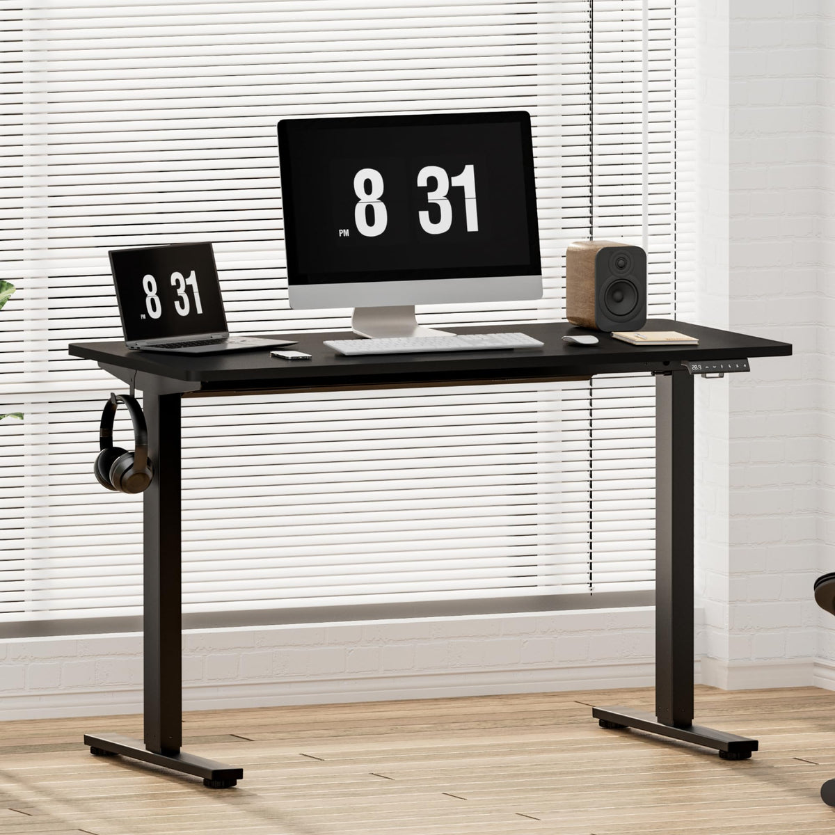 FlexiSpot E1 Plus ONE PIECE Electric Standing Desk Height Adjustable Sit Stand Desk with Memory Smart Panel100 * 60cm, Black Frame+Black Desktop