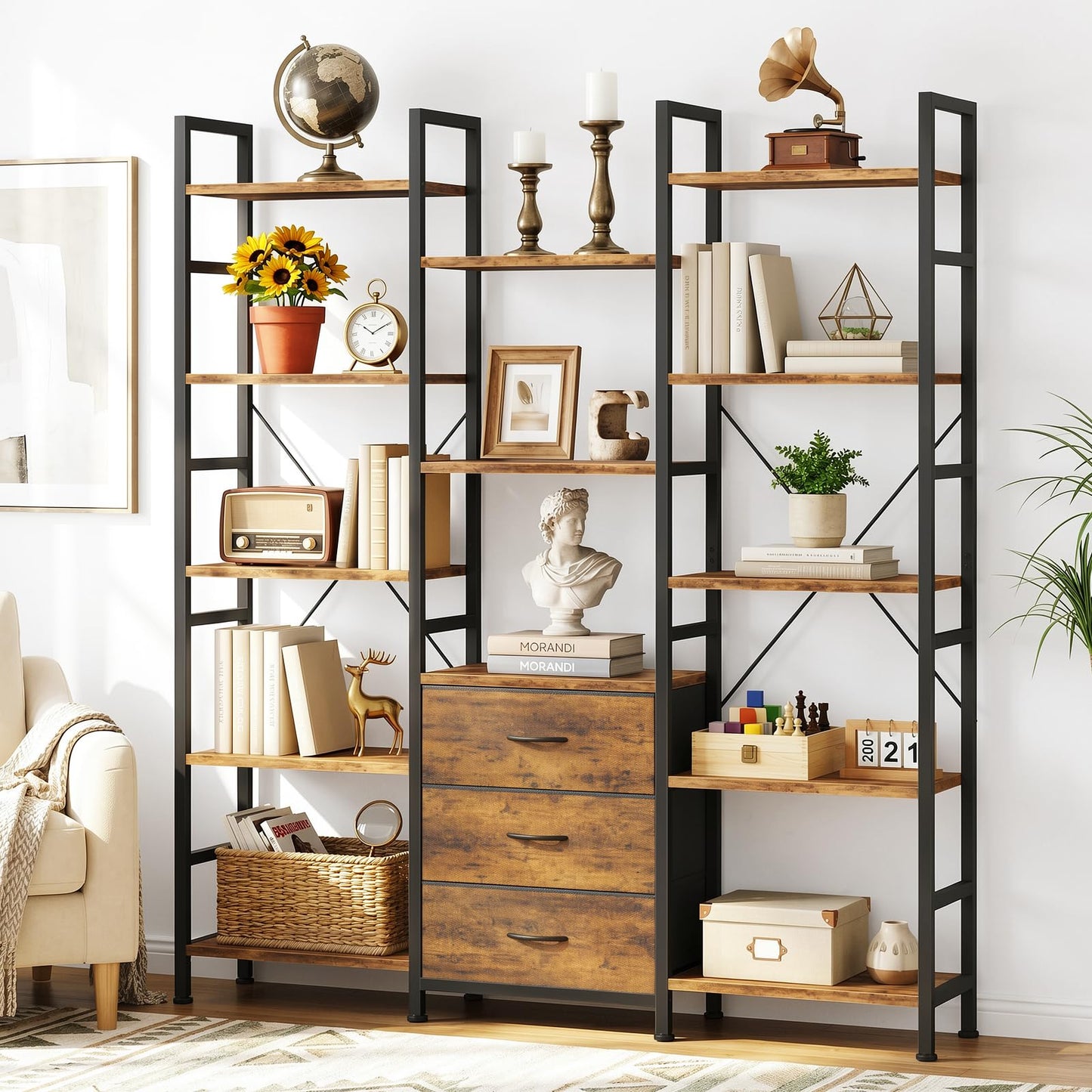 OYRREU 5-Tier Bookcase with Drawers, 120cm Wide Rustic Brown Shelving Unit