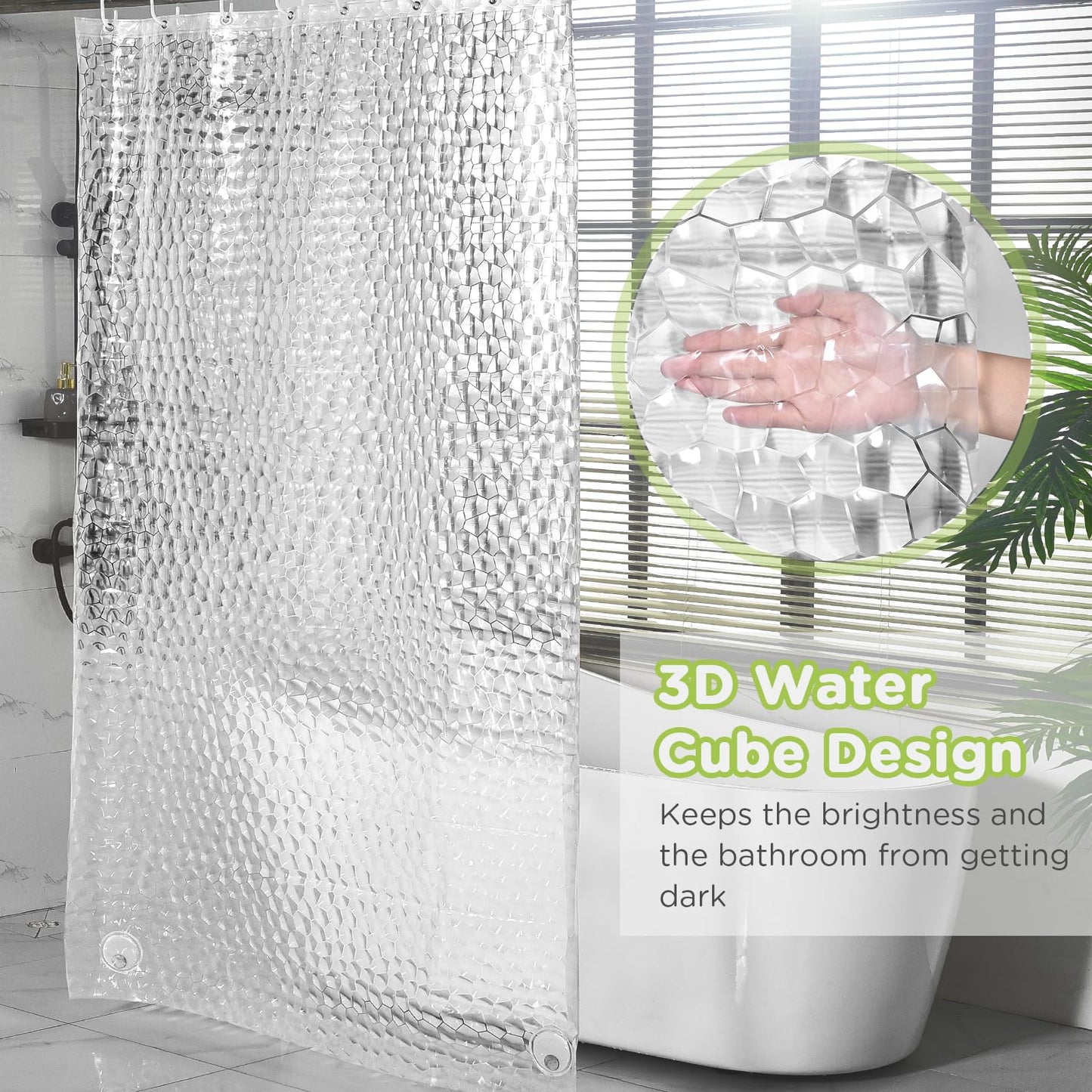 OTraki Clear Shower Curtain, 120 X 200 CM Extra Long Shower Curtain, 3D Design Weighted Bath Curtain, Anti Mould Resistant Shower Curtains