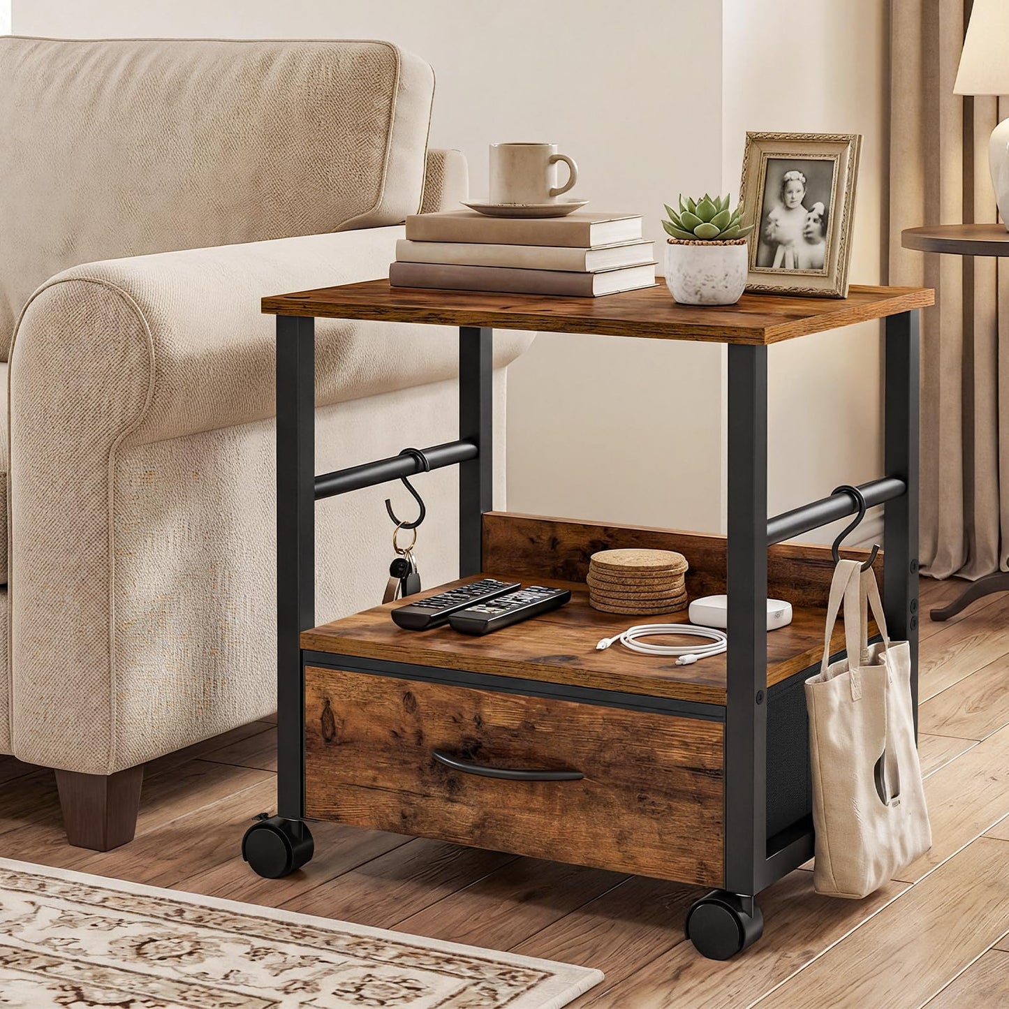 HOOBRO 2-Tier Printer Stand with Drawer, Under Desk Printer Table, Printer Cart with Storage, with Casters/Adjustable Feet, for Home Office, Study
