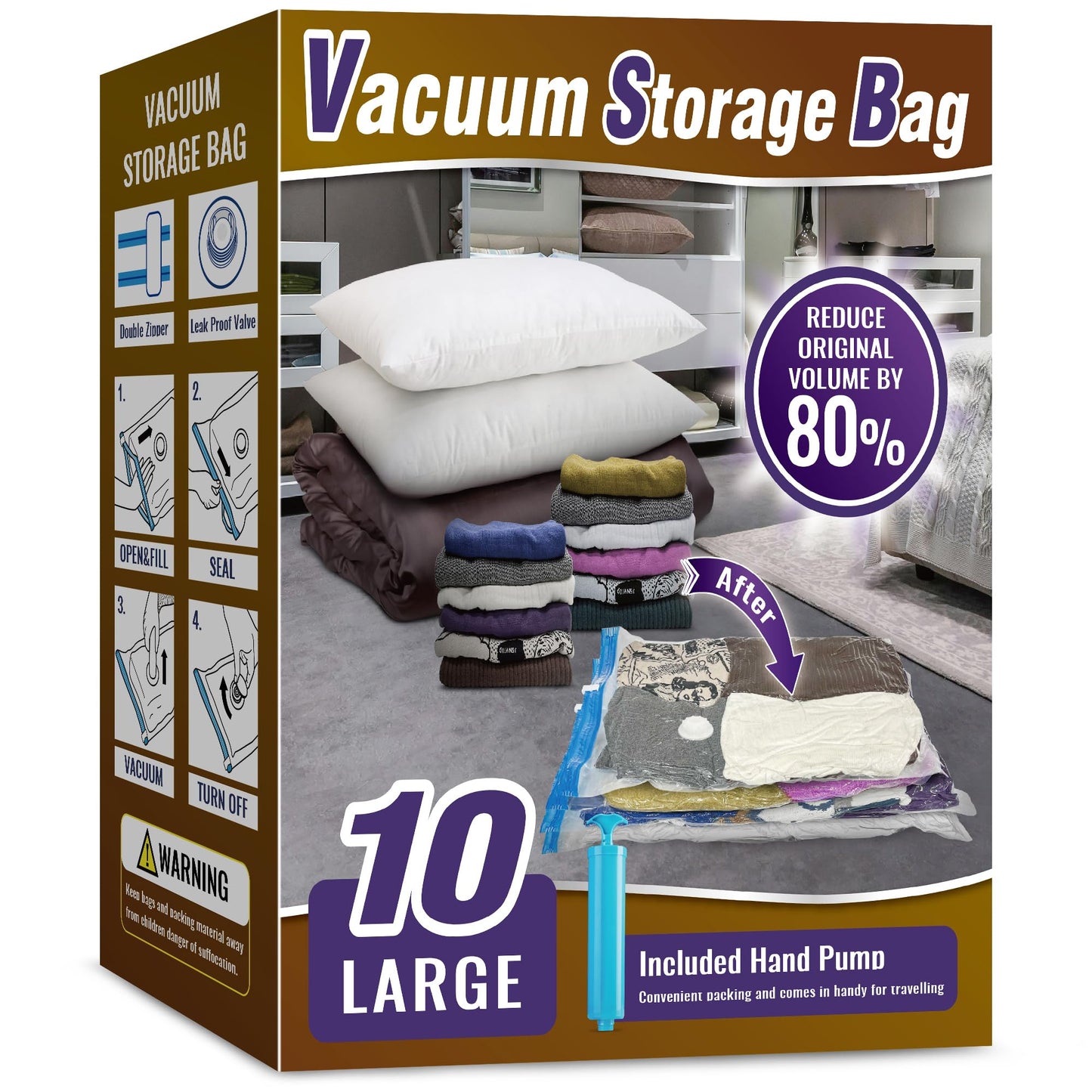 Oumaru Vacuum Storage Bags for Clothes, Vacuum Bags, Space Saver Bags for Clothes, Duvets and Pillows, Hand Pump Included, Pack of 10, Large Size