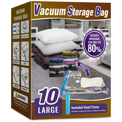 Oumaru Vacuum Storage Bags for Clothes, Vacuum Bags, Space Saver Bags for Clothes, Duvets and Pillows, Hand Pump Included, Pack of 10, Large Size