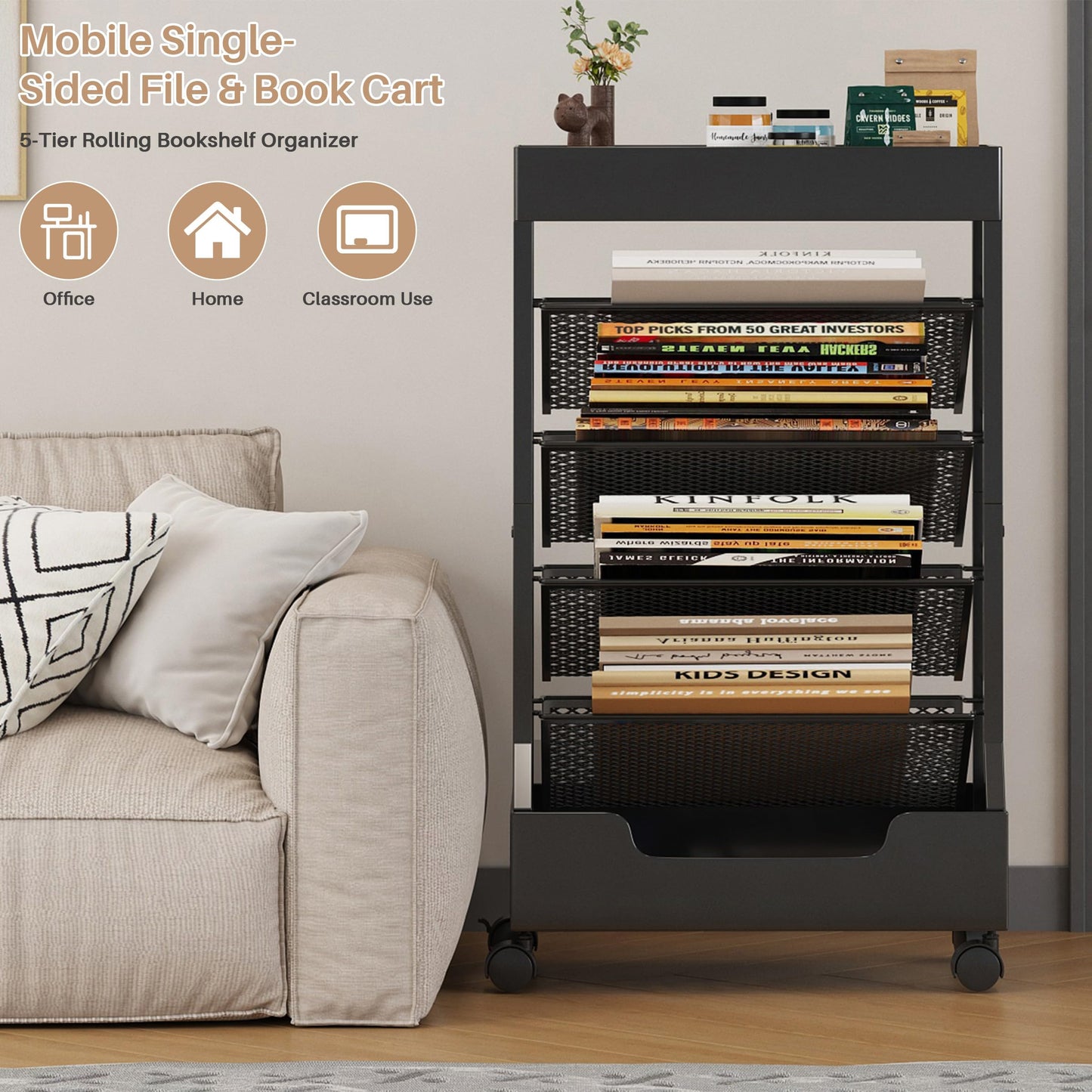 Ornestia Metal Book Trolley, Mobile Storage Bookcase with Wheels(Black)