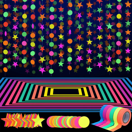 127ft Neon Party Supplies Set, 6 Colors 98.4ft UV Blacklight Reactive Tape, 29ft Neon Paper Garlands Circle Dots Stars Hanging Decorations for