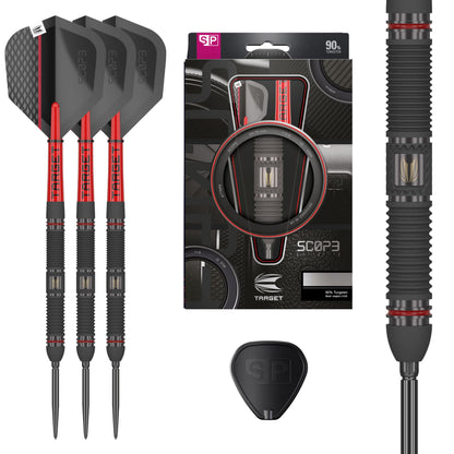 TARGET Darts Scope Steel Tip Swiss Point Darts, 90% Tungsten Dart Set, Barrel 01-24G | Steel Tip Dart Sets, Red & Black Darts, Professional Dart Set