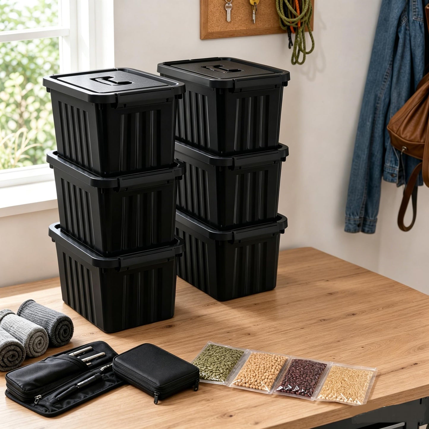 Ikando 6 Packs 6L Black Storage Boxes with Lids, 27 x 19.3 x 16cm