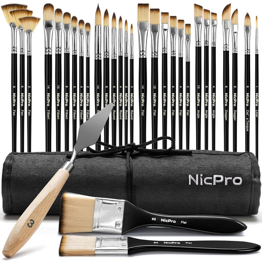 Nicpro 30pcs Paint Brush Set, Professional Paintbrushes with Paint Spatula and Cloth Roll, Craft Paint Brushes for Acrylic Painting, Oil, Watercolour,