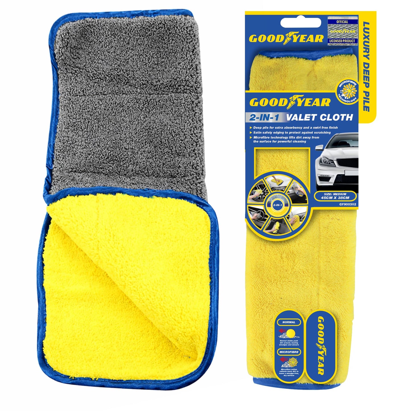 Goodyear Luxury Valet Cloth Large Deep pile for absorbency| For showroom perfect finish |2 in 1 luxury car cloth| Microfibre technology| Cleaning