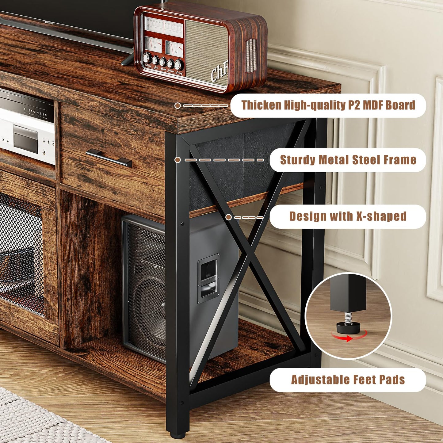 Generisch TV Stand Cabinet, 140cm Wooden TV Unit with 2 Drawers & Storage Cabinets, Steel Frame, Industrial TV Sideboard Table