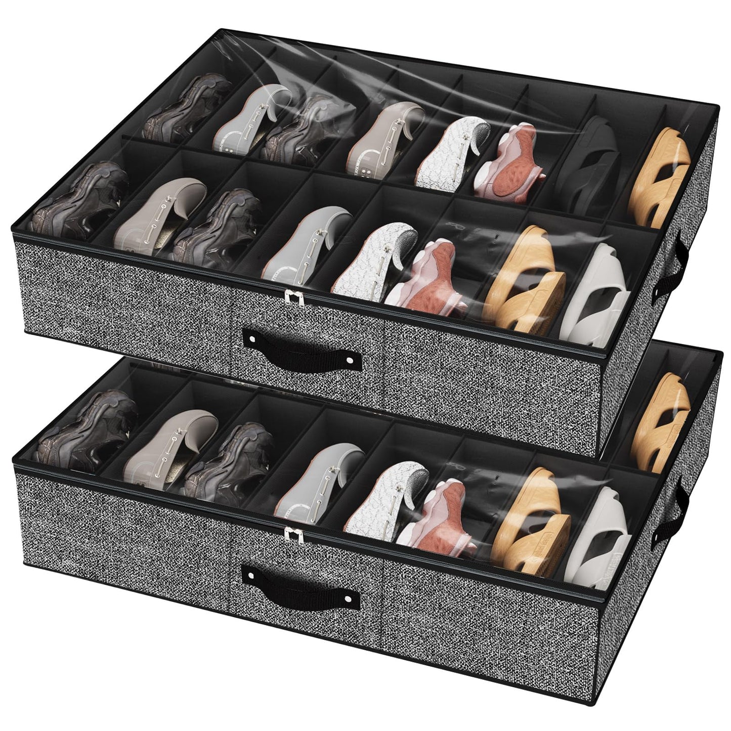 VERONLY 32 Pairs Shoe Storage Box, Under Bed Storage Organiser, Organizador De Zapatos, Extra Large Zapateras Organiser, Black, Set of 2
