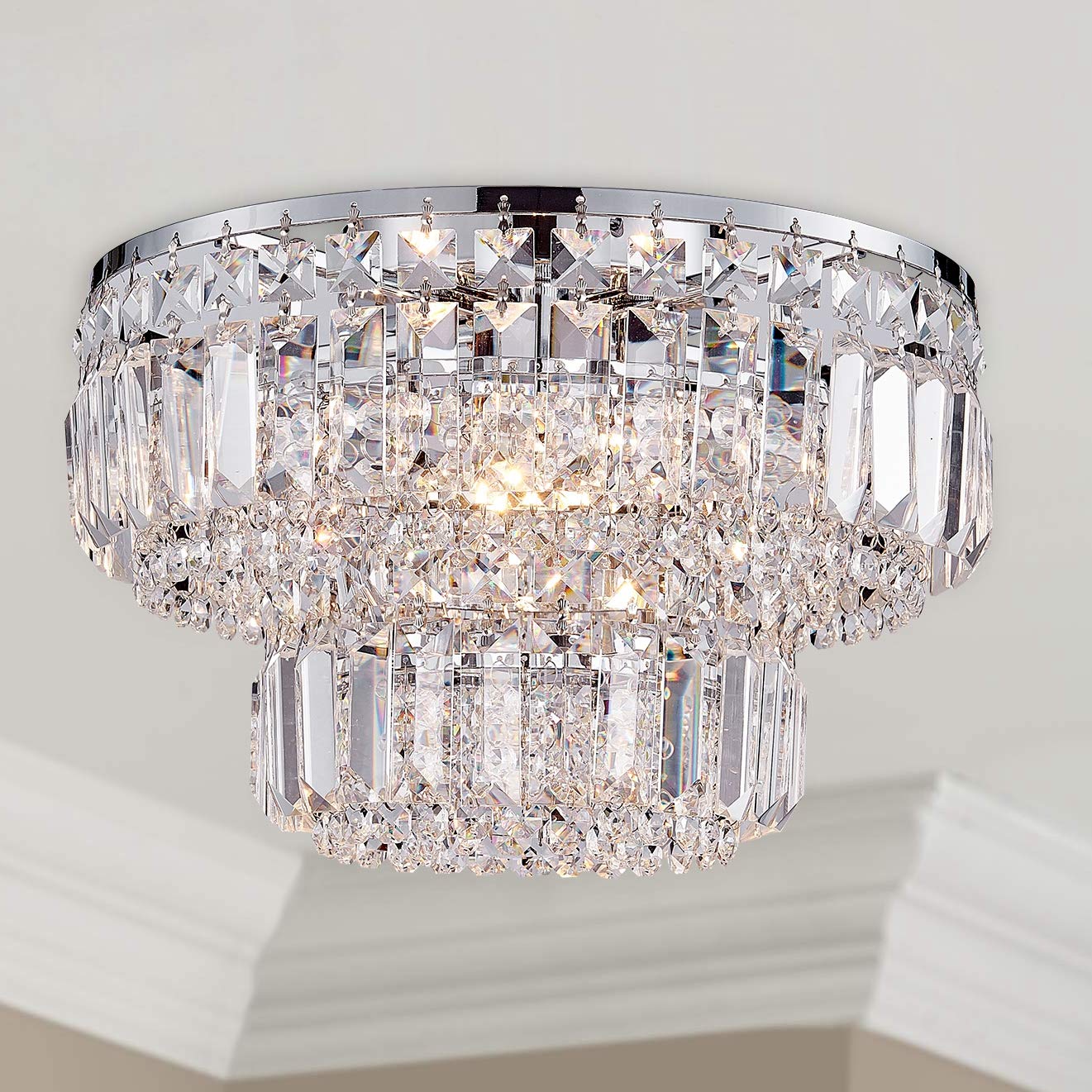 BESTIER Modern Chrome Crystal Flush Mount Chandelier Lighting LED Ceiling Light Fixture Lamp for Dining Room Bathroom Bedroom Livingroom 4 G9 Bulbs