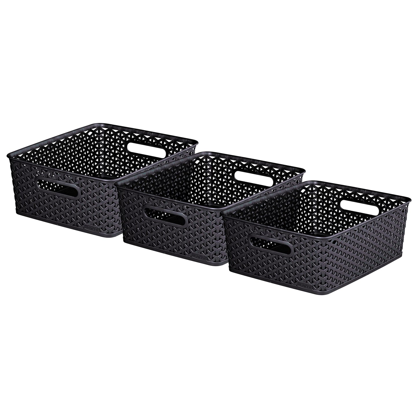 Curver My Style Rattan Effect Set of 3 Kitchen, Living room, Bathroom, Bedroom, Utility Medium Rectangular Storage Baskets 12 Litres - Anthracite