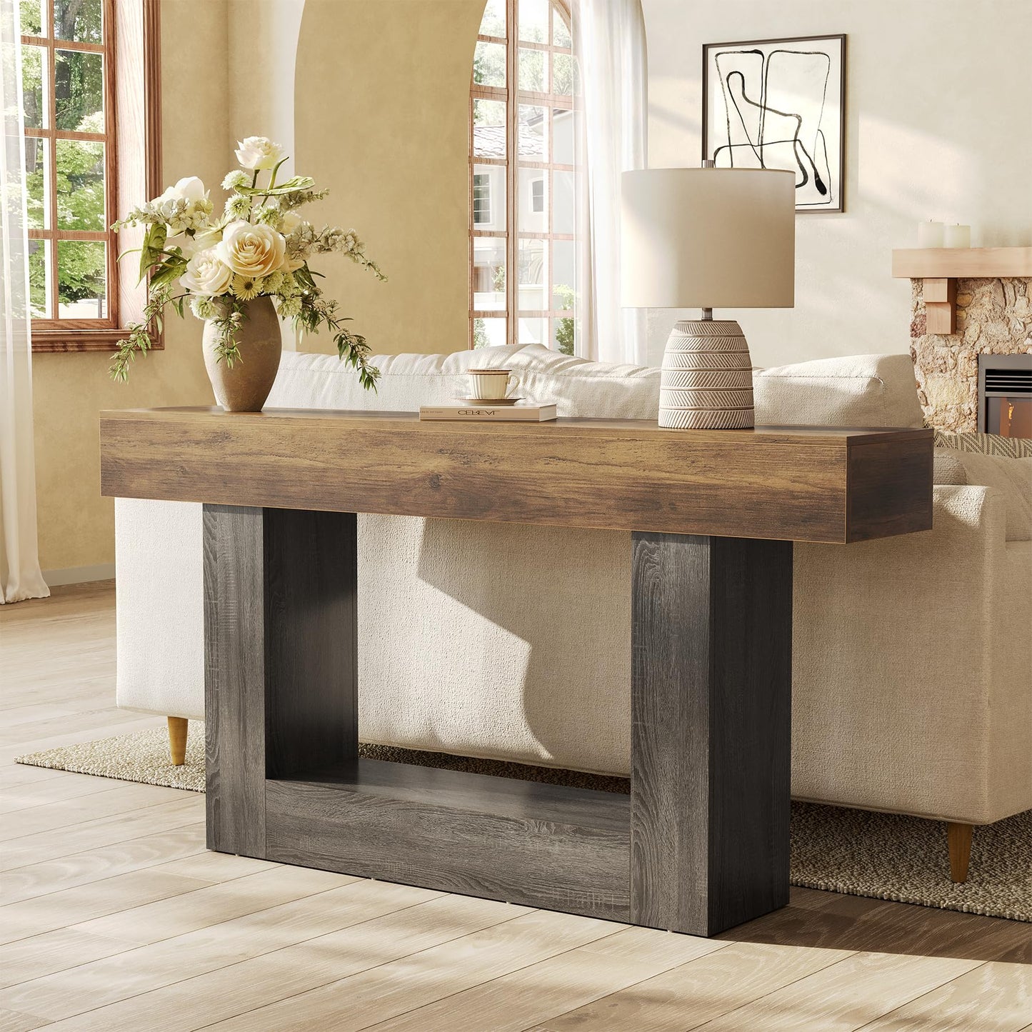 LITTLE TREE 63 Inches Long Console Table, 2-Tier Farmhouse Sofa Table Behind Couch, Large Narrow Entryway Table for Living Room