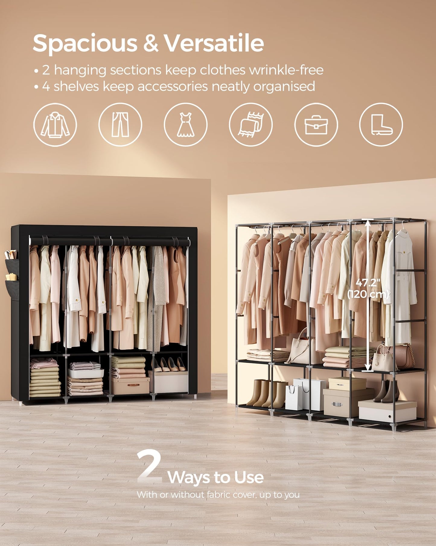 SONGMICS Clothes Wardrobe, Portable Closet, Garment Organiser Rack with 4 Hanging Rails, Shelves, 4 Side Pockets, 170 x 45 x 167 cm, Large Capacity