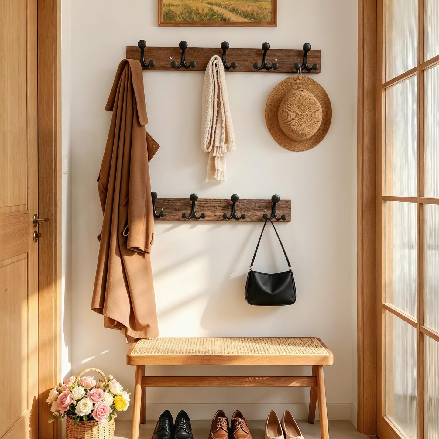 HONSKY Wall Mounted Coat Rack, 76cm Solid Paulownia Wood Base,5 Black Sturdy Aluminium Alloy Triple Hooks(15 Hanging Points)