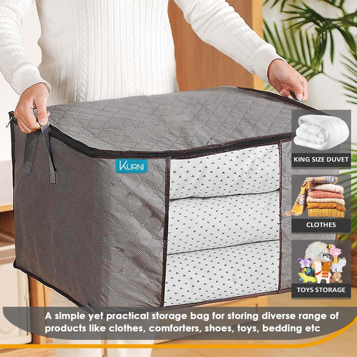 KURNI Storage Bags | Clothes Organizer Boxes, Foldable 3 Pack Grey, 90L Capacity, 3 Sided Zipper Moving Large Bag. Dust & Moisture Proof