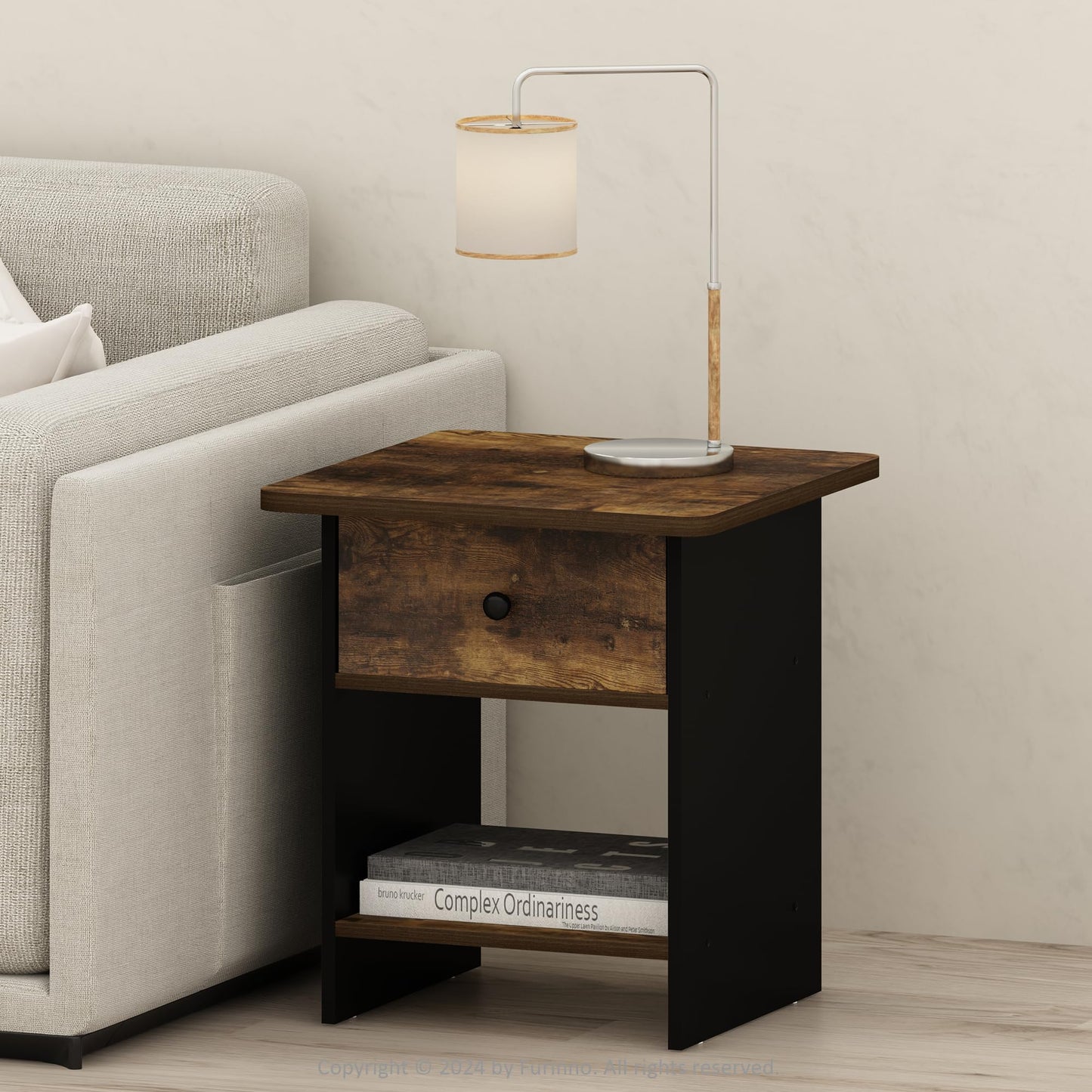 Furinno MODERN Side Table, Square End Table with Storage Bin, Round Corner Night Stand, Bedside Table with Storage Shelf, for Living Room, Bedroom