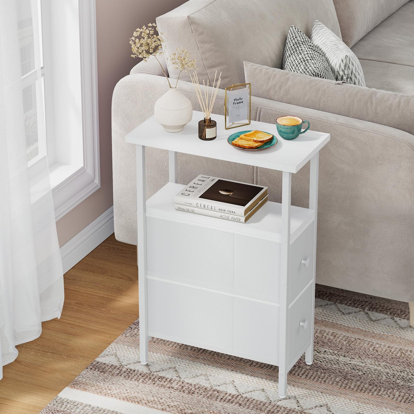 YMYNY Narrow Side Table Set of 2, Slim Bedside Table with 2 Fabric Drawers, Nightstand for Small Spaces