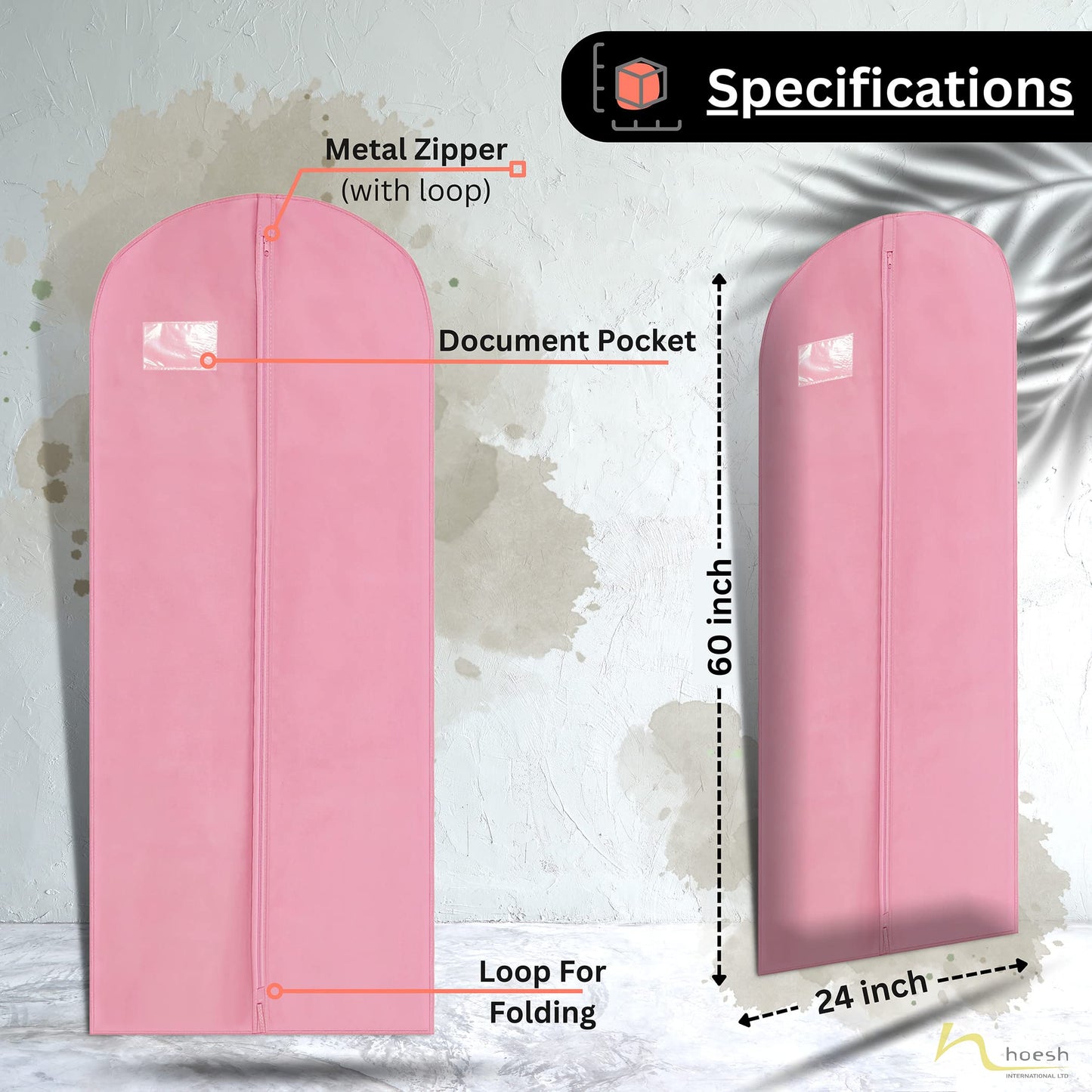 Hoesh UK Women Pink 60 Inches Breathable Bridesmaids Long Zip Wedding Gown Dress Travel Storage Garment Cover Bag