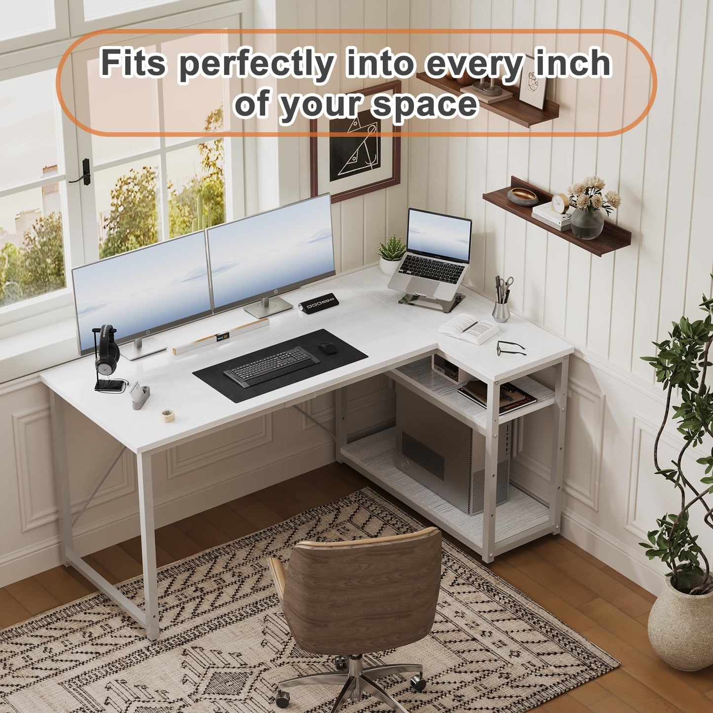 JUMMICO Small L Shaped Desk 100x80cm with Storage, Corner Computer Desk with Reversible Shelf, Sturdy Office Desk & Workstations for Home Office