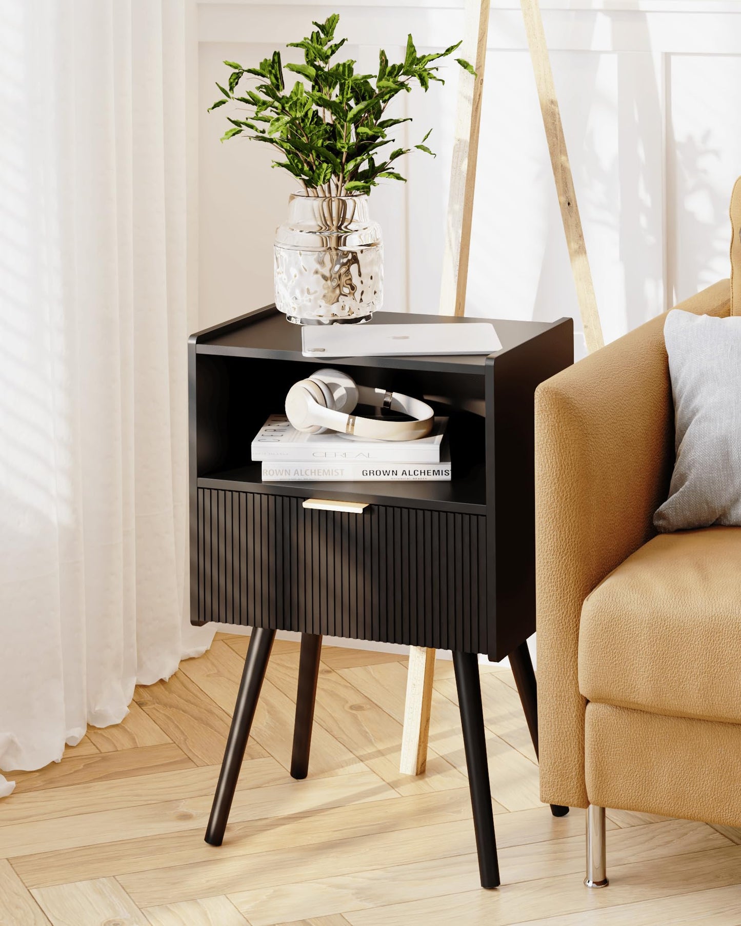 JERX Modern Bedside Table with Storage Drawer and Open Wood Shelf Nightstand for Living Room, Bedroom and Small Spaces