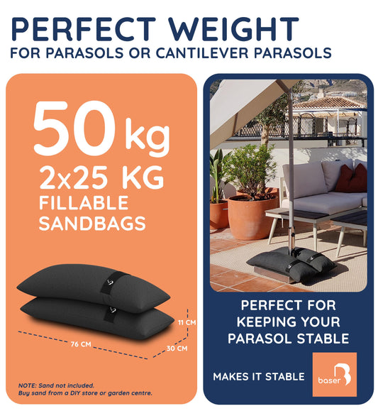 Baser - Outdoor fillable straight sandbags, 2 x 25 KG fillable weight bags for parasols, cantilevers and garden accessories