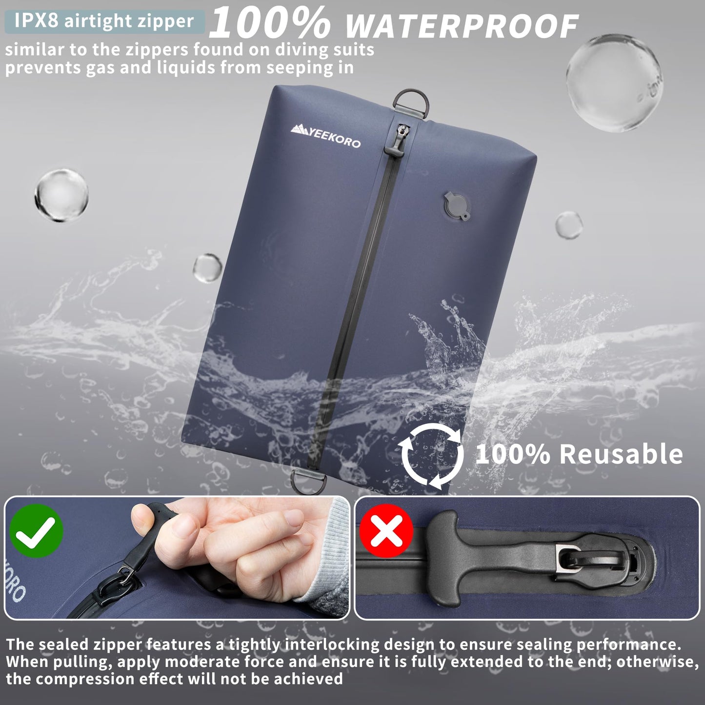 YEEKORO Vacuum Bag for Travel, Professional Vacuum Compression Bags, IPX8 Waterproof Reusable Anti Tear Space Saver Vacuum Storage Bags for Suitcase