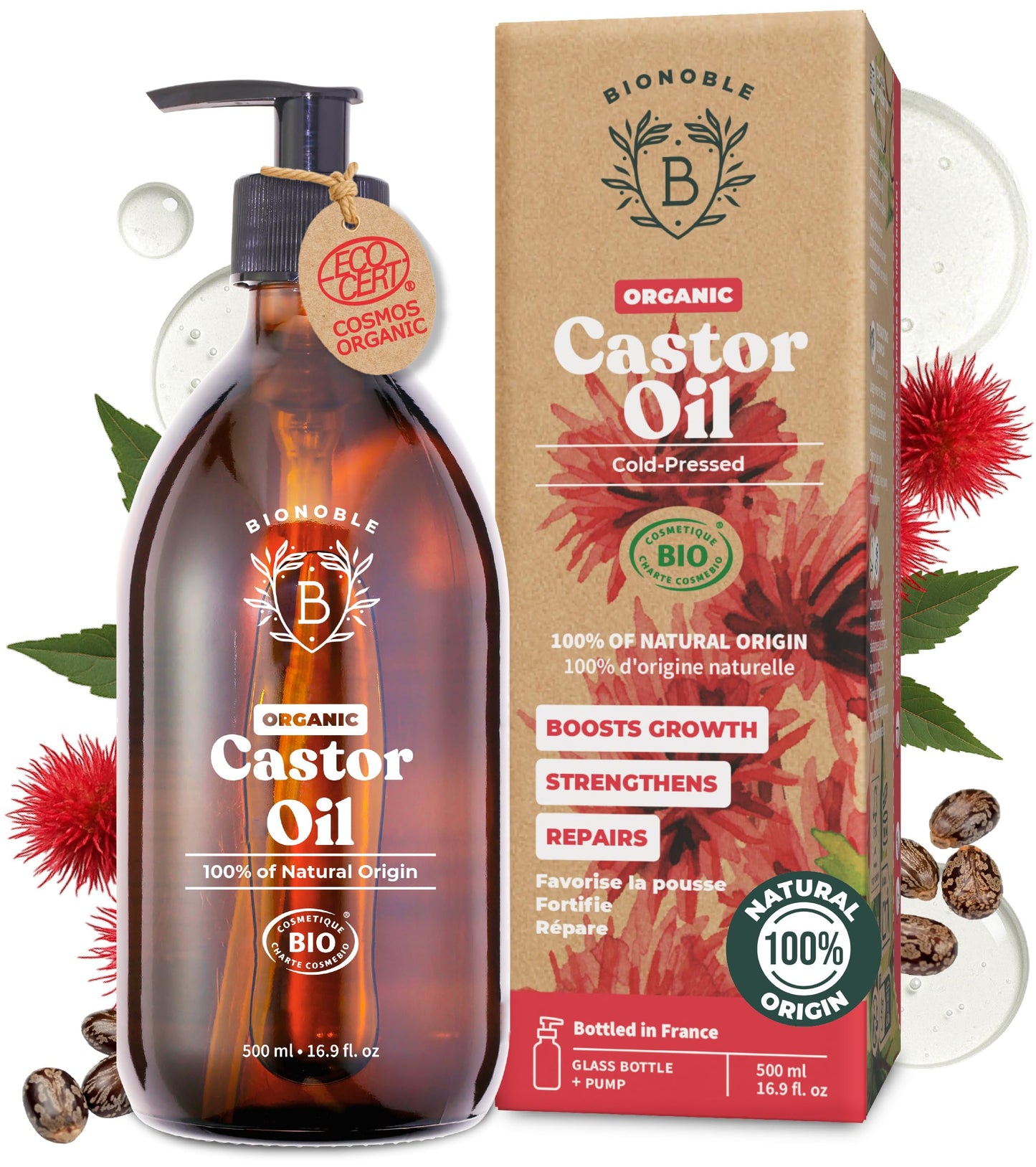 BIONOBLE Organic Castor Oil Cold Pressed - Hexane Free, 100% Natural - Pure Castor Oil Organic for Eyelashes, Hair Growth, Eyebrows, Skin, Face -