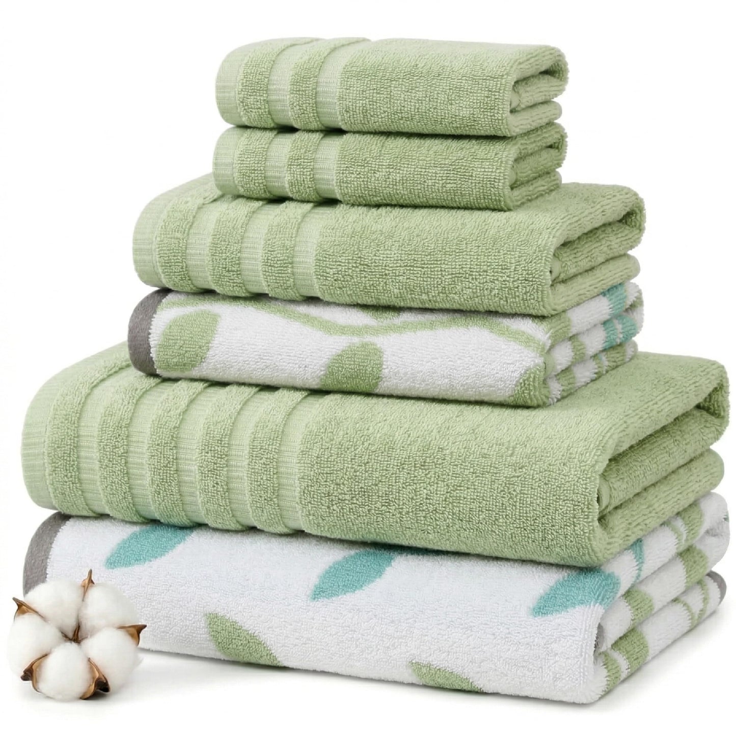 Pacific Coast Textiles 6 Pc Yarn Dyed Towel Organic Vines Sage Green, 6-Piece