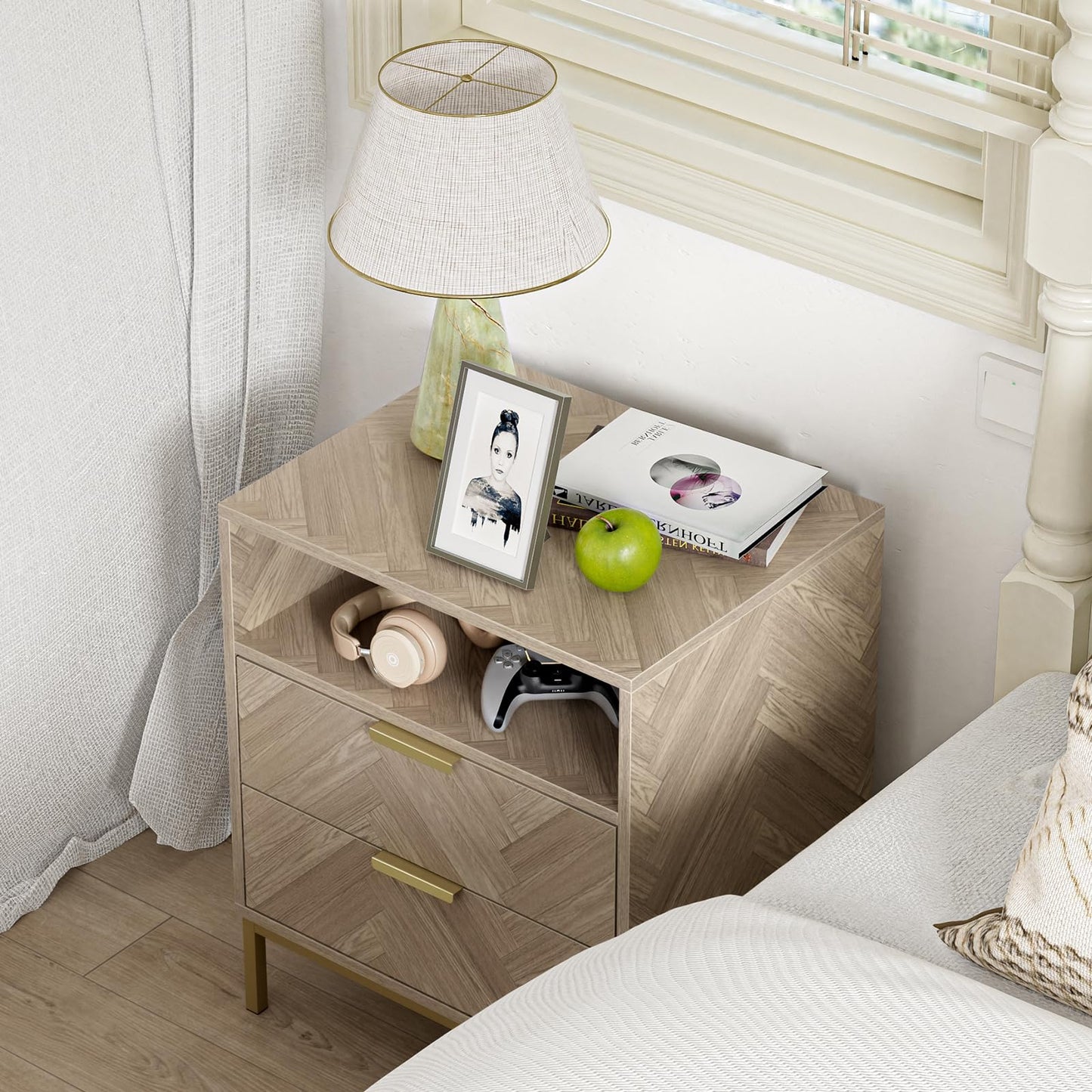 Skokliz Bedside Table with2 Drawers and Storage Shelf, Nigntstand for Bedroom, Wood End Table for Living Room, Small spaces, oak