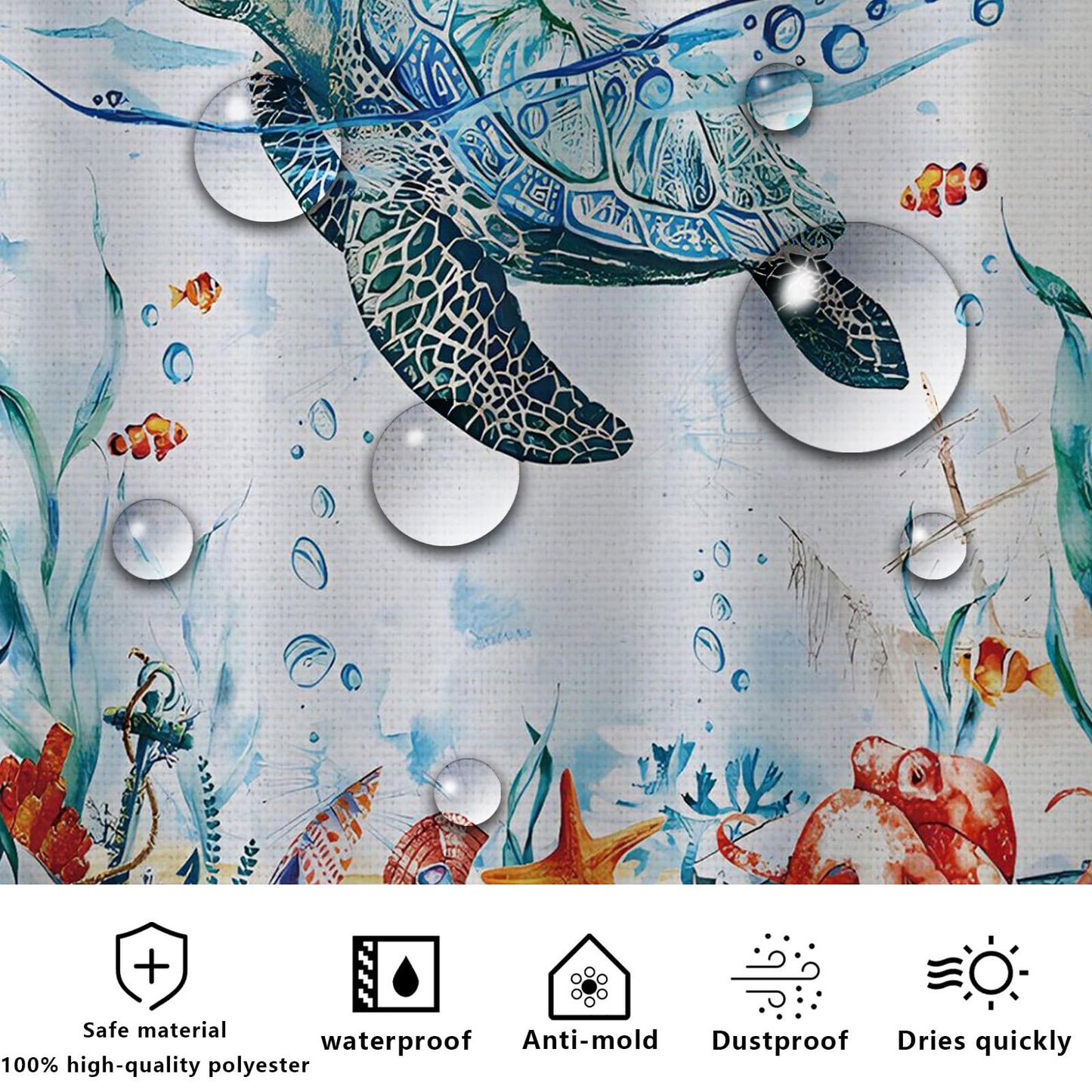 FAIRYGATE Shower Curtains for Bathroom Sea Turtle Shower Curtain Teal Blue Ocean Beach Coastal 180 x 180 cm Waterproof Mildew & Mould Resistant