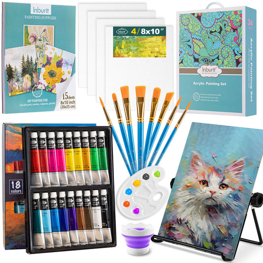 Inburit Acrylic Paint Set for Kids Adults, Art Painting Set with 18 Acrylic Paints, Canvas Panels and Brushes, Art Supplies Gift for Christmas