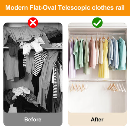 Flat Oval Telescopic Wardrobe Rail, Heavy Duty Stainless Steel Extendable Closet Rod, Adjustable Clothes Hanging Rail with U-Shaped End Supports