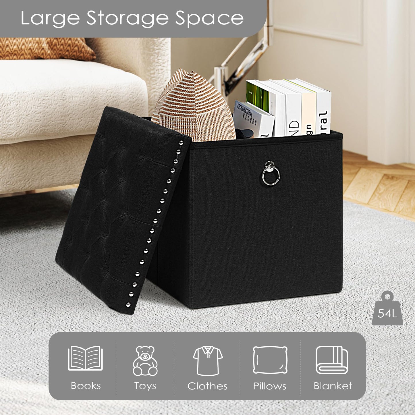 Bonlife Cube Ottoman with Tray, Foldable Storage Footstool, 150kg Capacity