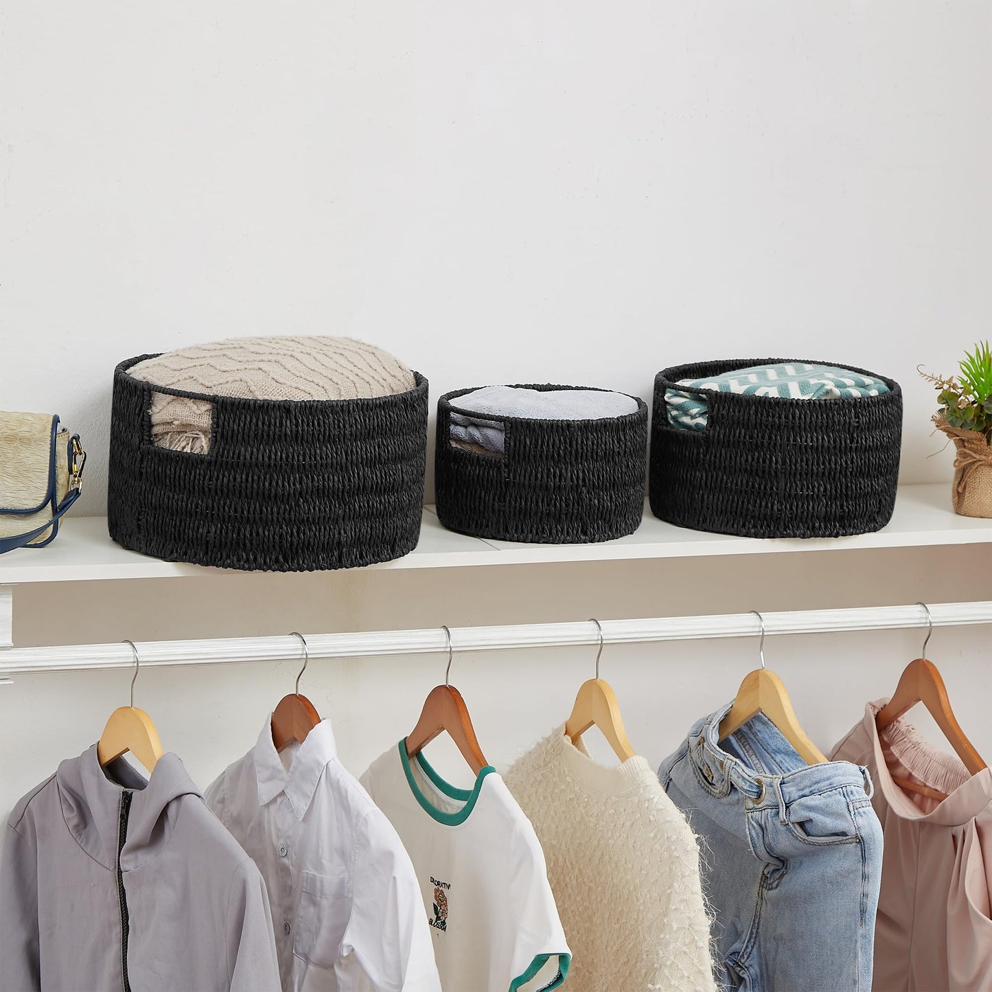 Vagusicc Woven Storage Baskets Set of 3, HandWoven Round Wicker Storage Basket with Handles, Natural Wicker Shelf Baskets Organizer